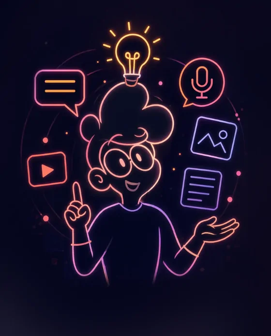 Character pointing and talking, format icons floating around