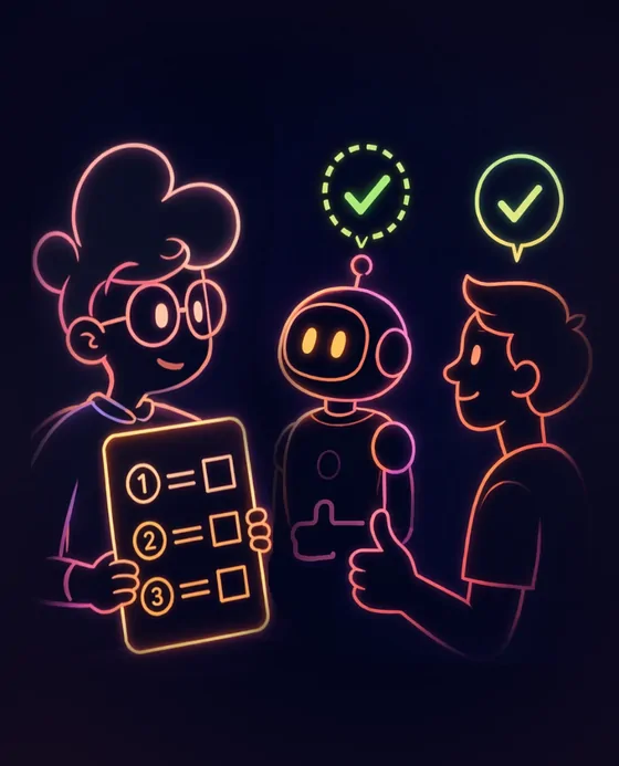 Character showing the card to a robot and a teammate, both approving